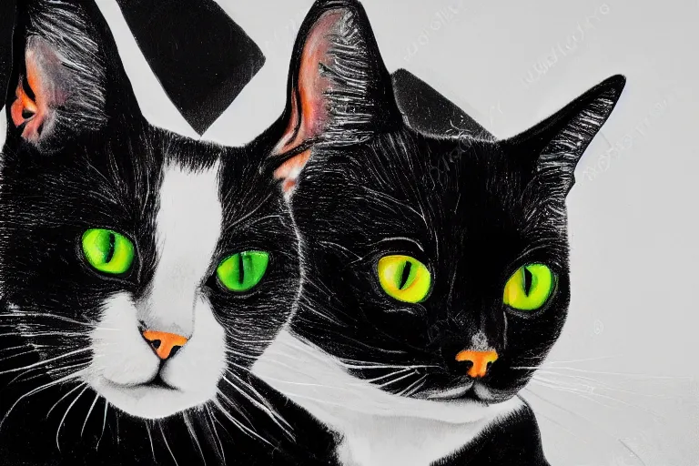 Image similar to a portrait of a beautiful black and white cat in space wearing a tuxedo with colorful bright green eyes, medium shot, hd, 8k, hyper-realism, detailed,