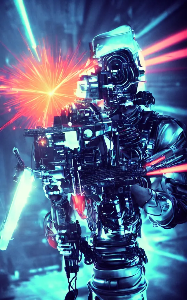 Image similar to Cybernetic Pope shooting bright lasers, 80s, science fiction, cyberpunk, neon, low angle shot, cross, pope, movie poster, futuristic
