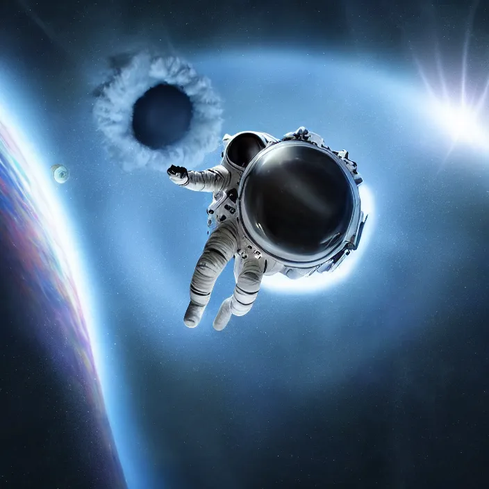 Prompt: pov of astronaut, flying into black hole, concept art, rendering, photorealism, volumetric lighting, movie still