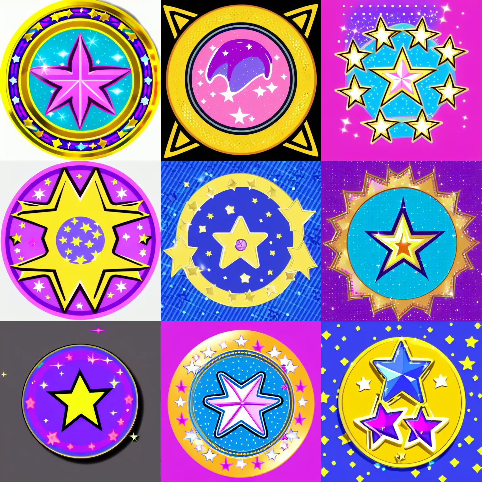 Prompt: 🌠 girly shooting star icon designed by lisa frank, vector graphics forum badge, svg, symmetrical, transparent background, cute, metal, enamel, cloissonne, vintage, guilloche, gem stones, gilt, swarovski, circular