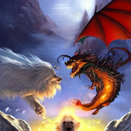 Image similar to fantasy art ultra detailed photo of a yeti and great pyrenees dog fighting a dragon in a blizard