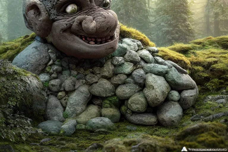 Prompt: an old stone troll made of rocks lurking in a swedish forest. covered in lichen and moss. very low angle photograph, very detailed, trending on artstation, hyperrealistic, smooth soft colors, fine lines, sharp focus, rays of golden sunlight, oil painting by simon stalenhag and greg rutkowski and tim hildebrandt