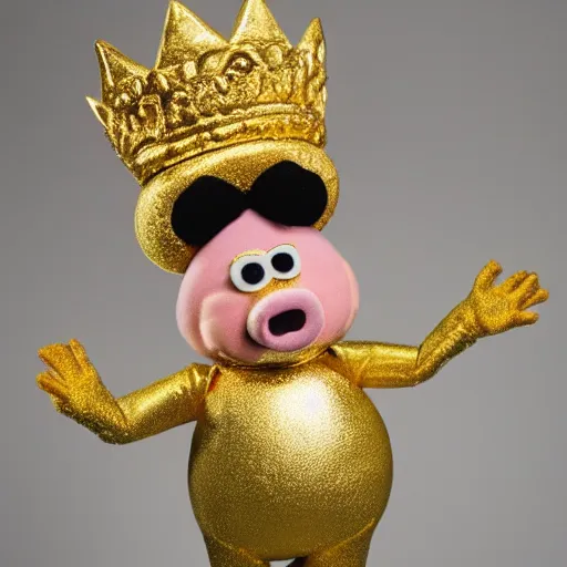 Image similar to pig wearing a gold crown depicted as a muppet holding box 8k