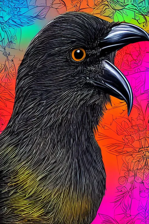 Image similar to close up portrait of a crow in front of the full big moon, colorful vector graphic, .eps, .ai, Adobe Illustrator, clear lines and clear shapes, intricate, 8k highly professionally detailed, HDR, CGsociety