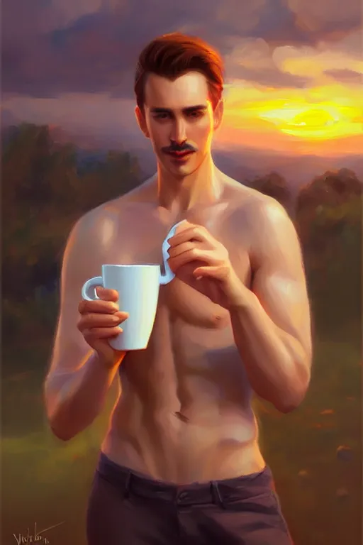 Image similar to attractive man drinking coffee, sunset, painting by vladimir volegov, ross tran, tom of finland, trending on artstation