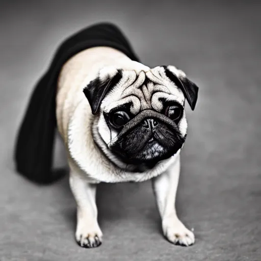 Image similar to portrait of a pug as a rick owens model, darkwear, techwear, goth pug, photo