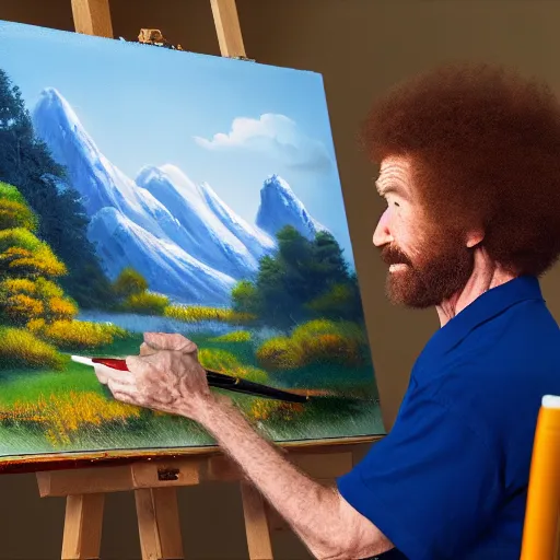 Image similar to a closeup photorealistic photograph of bob ross working on a canvas painting of mickey mouse. film still. brightly lit scene. mountains and trees. this 4 k hd image is trending on artstation, featured on behance, well - rendered, extra crisp, features intricate detail, epic composition and the style of unreal engine.