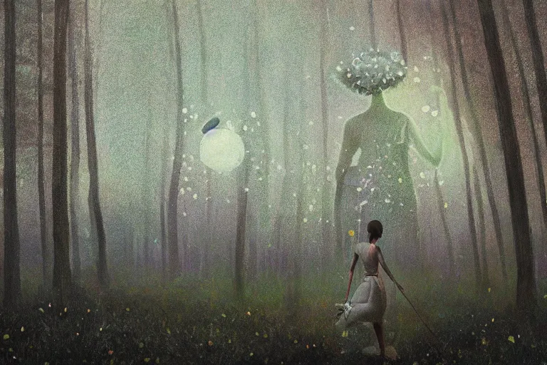 Prompt: giant daisy flower over head, girl walking in thick forest, surreal photography, dark night, stars, moon light, impressionist painting, clouds, digital painting, artstation, simon stalenhag