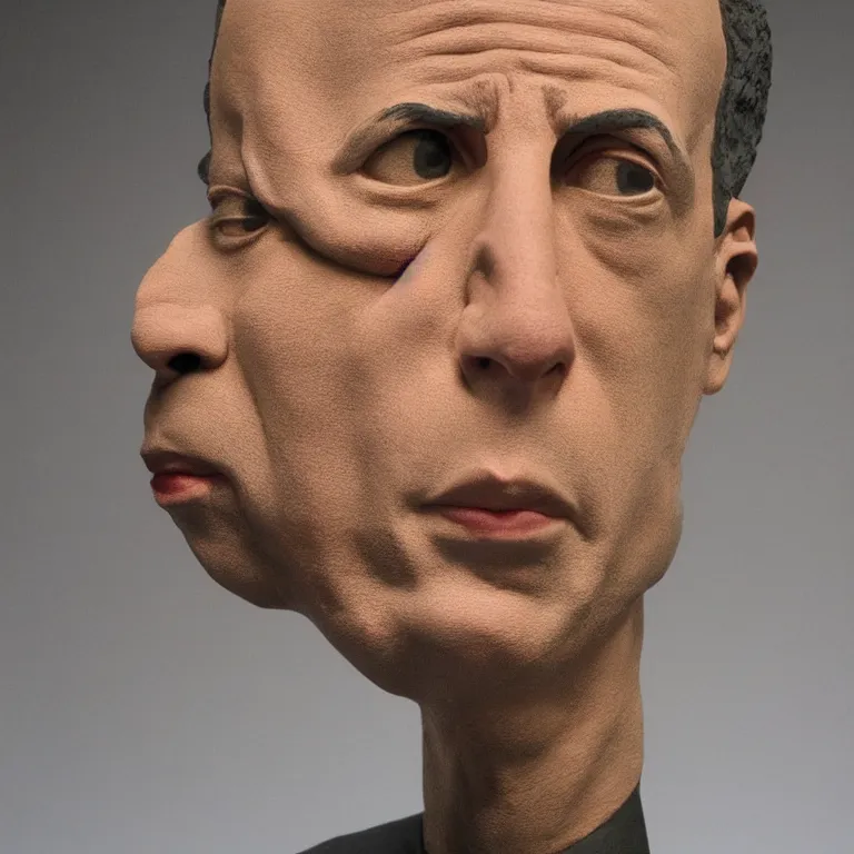 Image similar to beautiful studio photograph of colorful postmodern portrait sculpture of jerry seinfeld shocked expression, beautiful symmetrical face accurate face detailed face realistic proportions, made of spray - painted polymer clay on a pedestal by ron mueck and matthew barney and greg rutkowski, hysterical realism intense cinematic lighting shocking detail 8 k