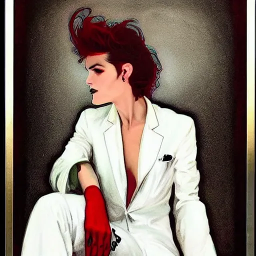 Image similar to stunning portrait of androgynous ruby rose as desire from sandman in a white tuxedo!!!, rockabilly style, by frank moth, by alphonse mucha, by jeremy mann, by peter lindbergh, dave mckean, white suit and black tie, soft lightning, high detailed, 8 k