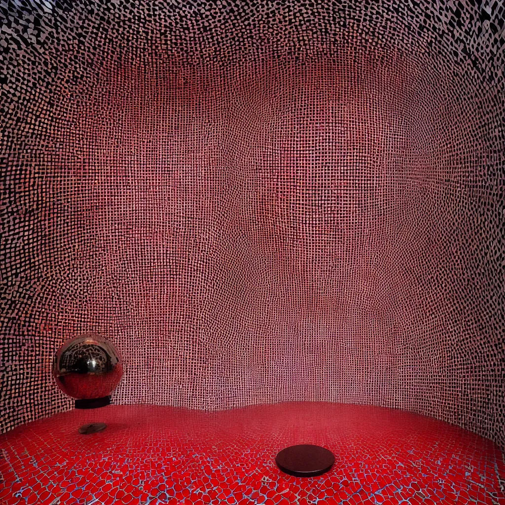 Image similar to a reflective sphere in the center of a room the black lodge, checkerboard tiled floor and red curtains
