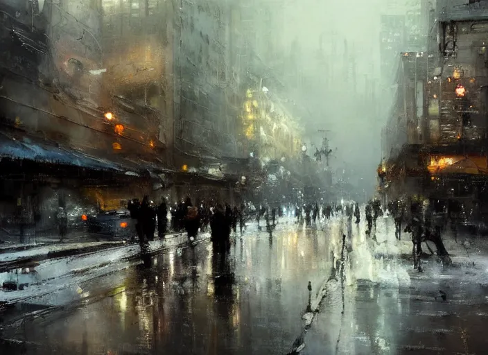 Image similar to a cityscape in winter painted by jeremy mann, street - level, dripping oil paint, thick brushstrokes, abstracted painterly techniques, high resolution