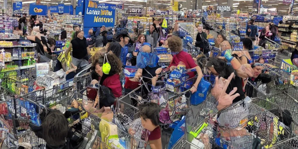 Image similar to a highly detailed photo of aliens fighting with Walmart customers, hilarious