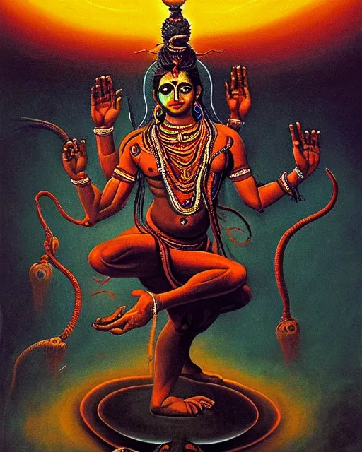 Prompt: One many-armed Shiva in dancing. Nataraja. Tandava. Nuclear explosion on the background. Dark colors, high detail, hyperrealism, horror art, masterpiece, close-up, biopunk, body-horror, ceremonial portrait, solo, rich deep colors, realistic, art by Yoshitaka Amano, Beksinski