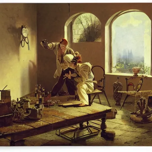 Image similar to young man and woman solving an escape room puzzle by carl spitzweg