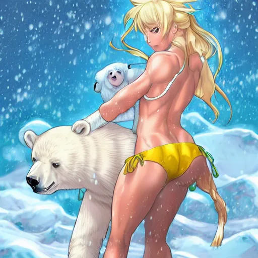 Image similar to bicolor - eyed blonde muscular anime girl warrior in bikini riding a polar bear in the snowy mountains background, digital painting, illustration by james jean and artgerm and mina petrovic and timothy kong and marina federovna, artstation