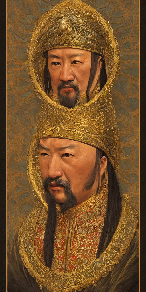 Image similar to a stunning and noble highly detailed romantic period style portrait of Genghis Khan by Josep Tapiró Baró, trending on artstation, oil painting masterpiece, symmetry, fractals, Mongolian iconography