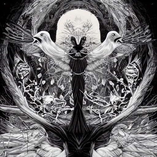 Image similar to white crow bringing rabbit leg to a occult witch by Android Jones and M. C. Escher collaboration, futurist, digital art, dramatic lighting