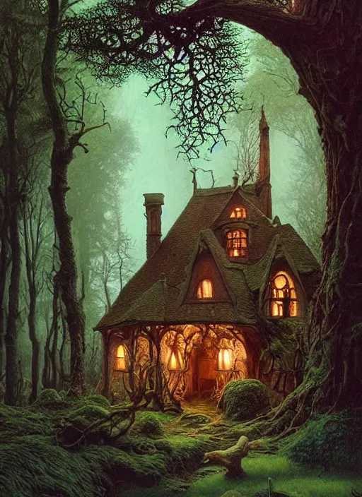 Image similar to hyper realistic witch cottage rococo in the woods gorgeous lighting, highly detailed, lush forest painting by zdzisław beksinski and norman rockwell and greg rutkowskiweta studio, and lucasfilm
