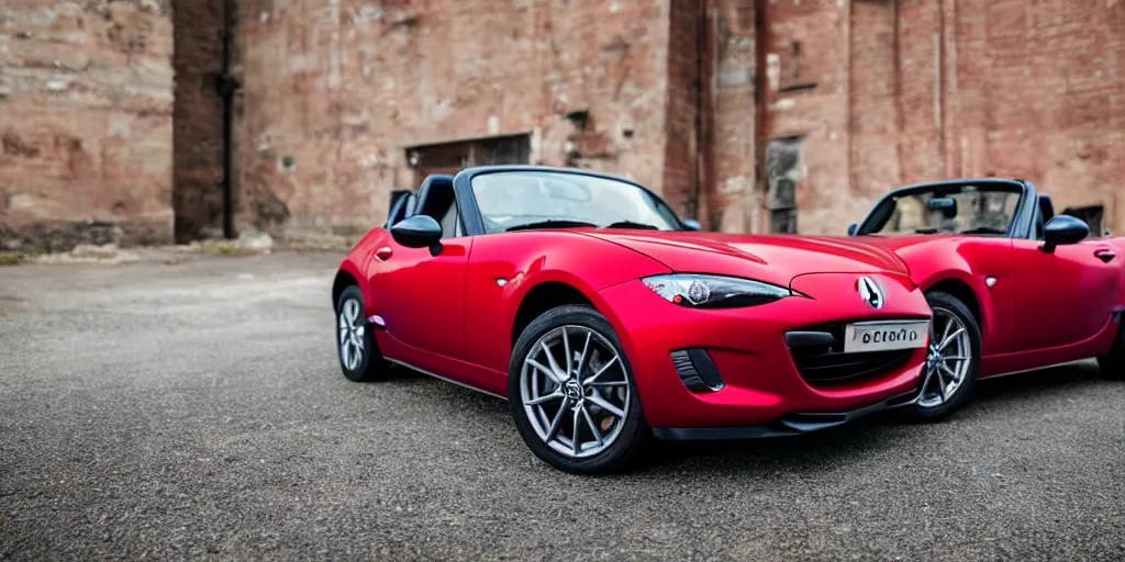 Prompt: a wide angle photograph of a grey rabbit posing with their red mazda mx-5