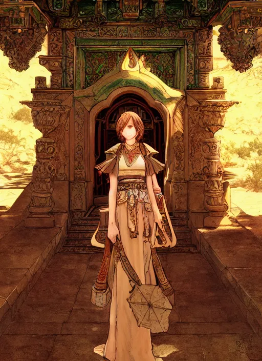 Image similar to portrait of the emerald herald at a desert temple, hidari, color page, tankoban, 4K, tone mapping, Akihiko Yoshida.