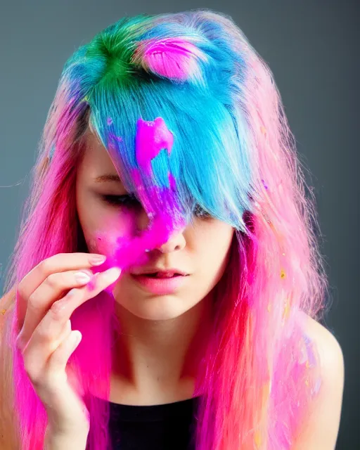 Image similar to a dramatic lighting photo of a beautiful young woman with cotton candy hair. paint splashes. with a little bit of cyan, red, yellow, pink