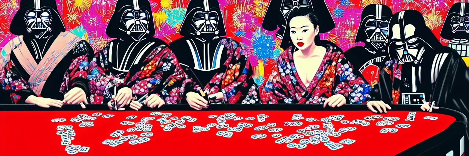 Image similar to hyperrealism composition of the detailed woman in a japanese kimono sitting at an extremely detailed poker table with darth vader and stormtrooper, ( ( r 2 d 2 ) ), ( ( c 3 po ) ), fireworks on the background, pop - art style, jacky tsai style, andy warhol style, acrylic on canvas