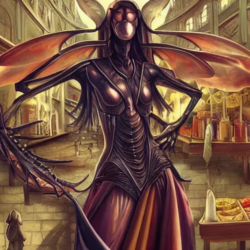 Image similar to human-sized Mantis religiosa shopping on a medival city market; fantasy; D&D; magic; illustration; art by artgerm