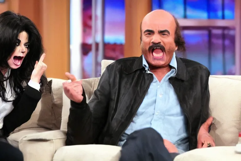Prompt: michael jackson screaming shouting at dr phil in tv show