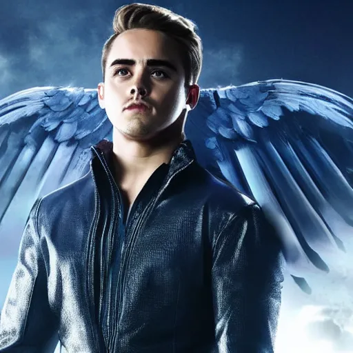 Image similar to stunning awe inspiring dacre montgomery as archangel in a x - men movie, still 8 k hdr atmospheric lighting