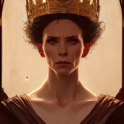Image similar to Portrait of an angry elf queen ,highly detailed, digital painting, artstation, concept art, sharp focus, illustration, art by greg rutkowski and alphonse mucha