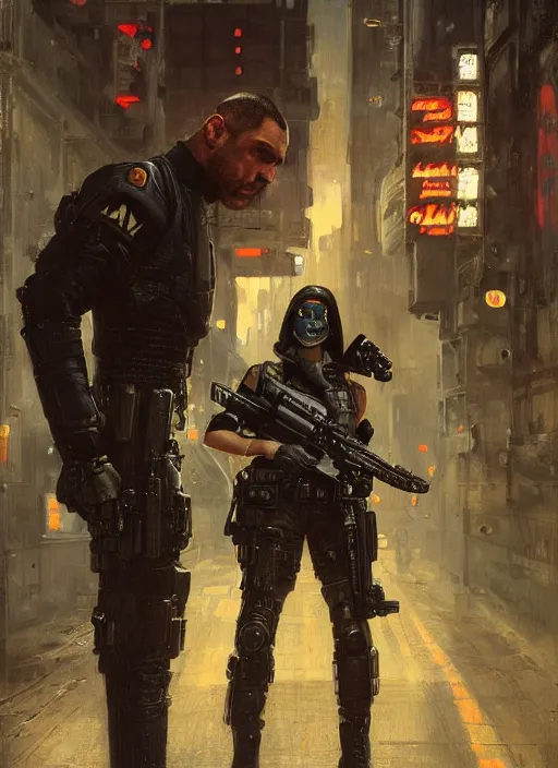 Image similar to 🤼 armbar. cyberpunk police trooper in a military vest ( blade runner 2 0 4 9, cyberpunk 2 0 7 7 ). orientalist portrait by john william waterhouse and james gurney and theodore ralli and nasreddine dinet, oil on canvas. cinematic, hyper realism, realistic proportions, dramatic lighting, high detail 4 k