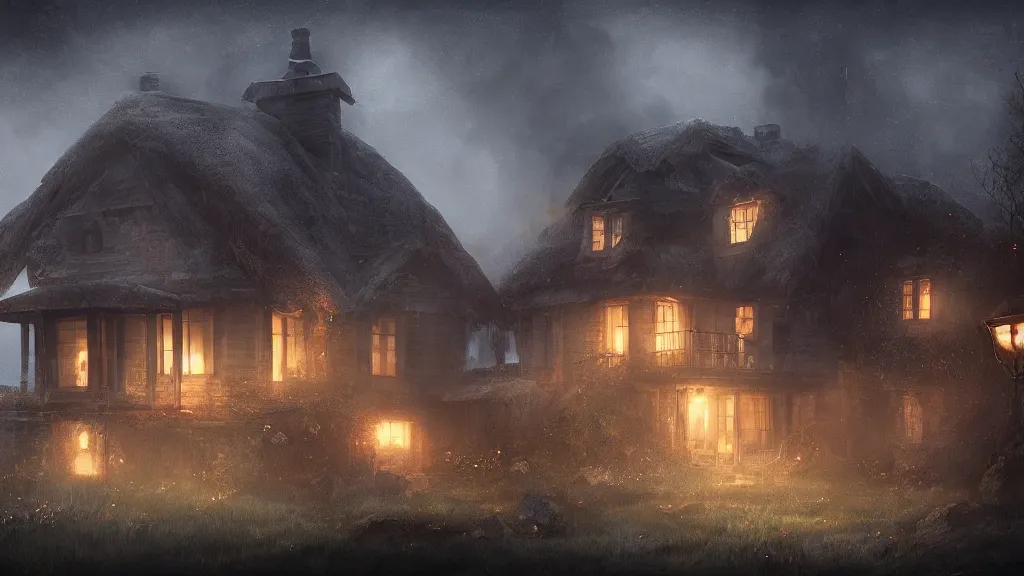 Image similar to A dark shadowy cottage on a hilltop at night, by Bastien LeCouffe-Deharme, hyperrealistic, Cryengine 8k UHD