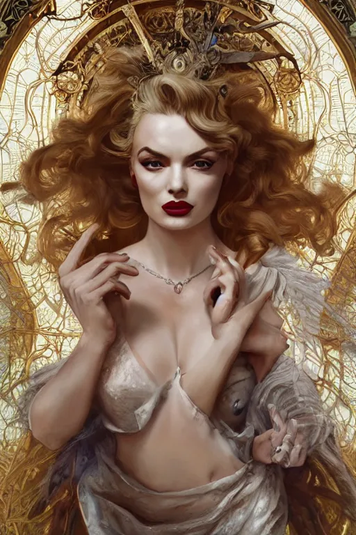 Image similar to ultra realistic illustration, a stunningly beautiful greek goddess of chaos played by marilyn monroe and christina hendricks and margot robbie and taylor swift and megan fox and emma stone and britney spears, intricate, elegant, highly detailed, digital painting, artstation, concept art, smooth, sharp focus, illustration, art by artgerm and greg rutkowski and alphonse mucha