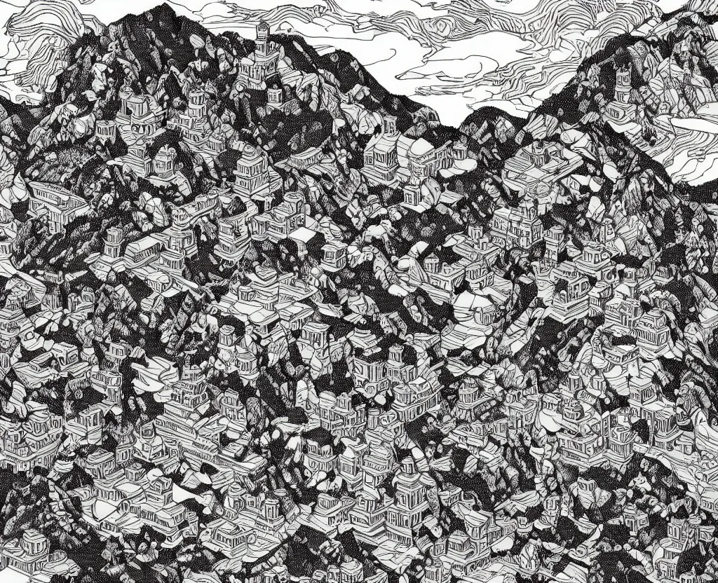 Prompt: Beautiful isometric print of a Minecraft Block Lego Brick Himalayas Landscape in the style of Albrecht Durer and Martin Schongauer and Alphonse Mucha, high contrast!! finely carved woodcut engraving black and white crisp edges