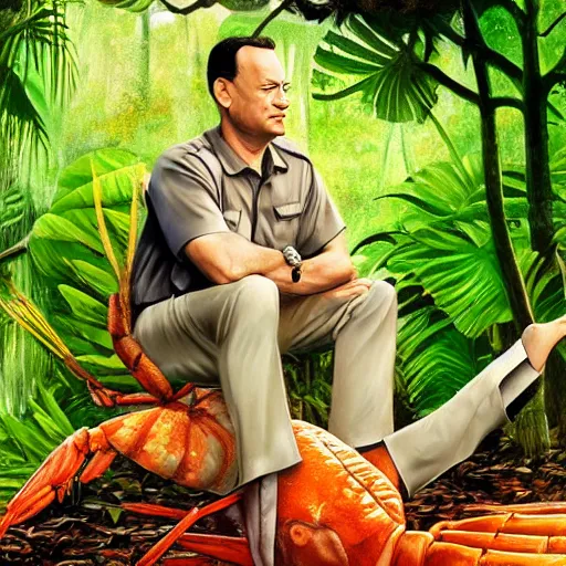 Prompt: Tom Hanks as forrest gump sitting on a giant shrimp in the jungle, realistic digital painting, photoreailstic, realistic face, amazing detail, sharp