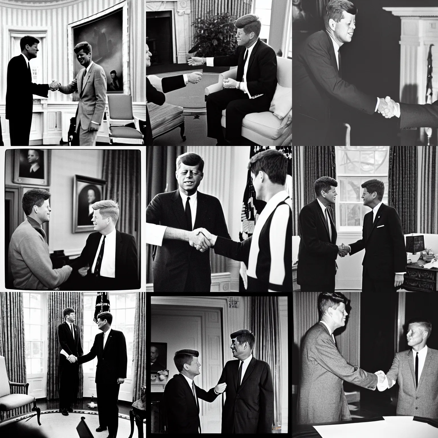 Prompt: John F. Kennedy and a grey alien doing a handshake in the White House oval office 1960, monochrome, instagram, trending, photograph, film grain and noise