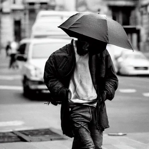 Image similar to black and white fashion photograph, highly detailed portrait of a depressed white drug dealer on a busy Paris street, detailed face looking into camera, eye contact, natural light, rain, mist, lomo, fashion photography, film grain, soft vignette, sigma 85mm f/1.4 1/10 sec shutter, Daren Aronofsky film still promotional image, IMAX 70mm footage