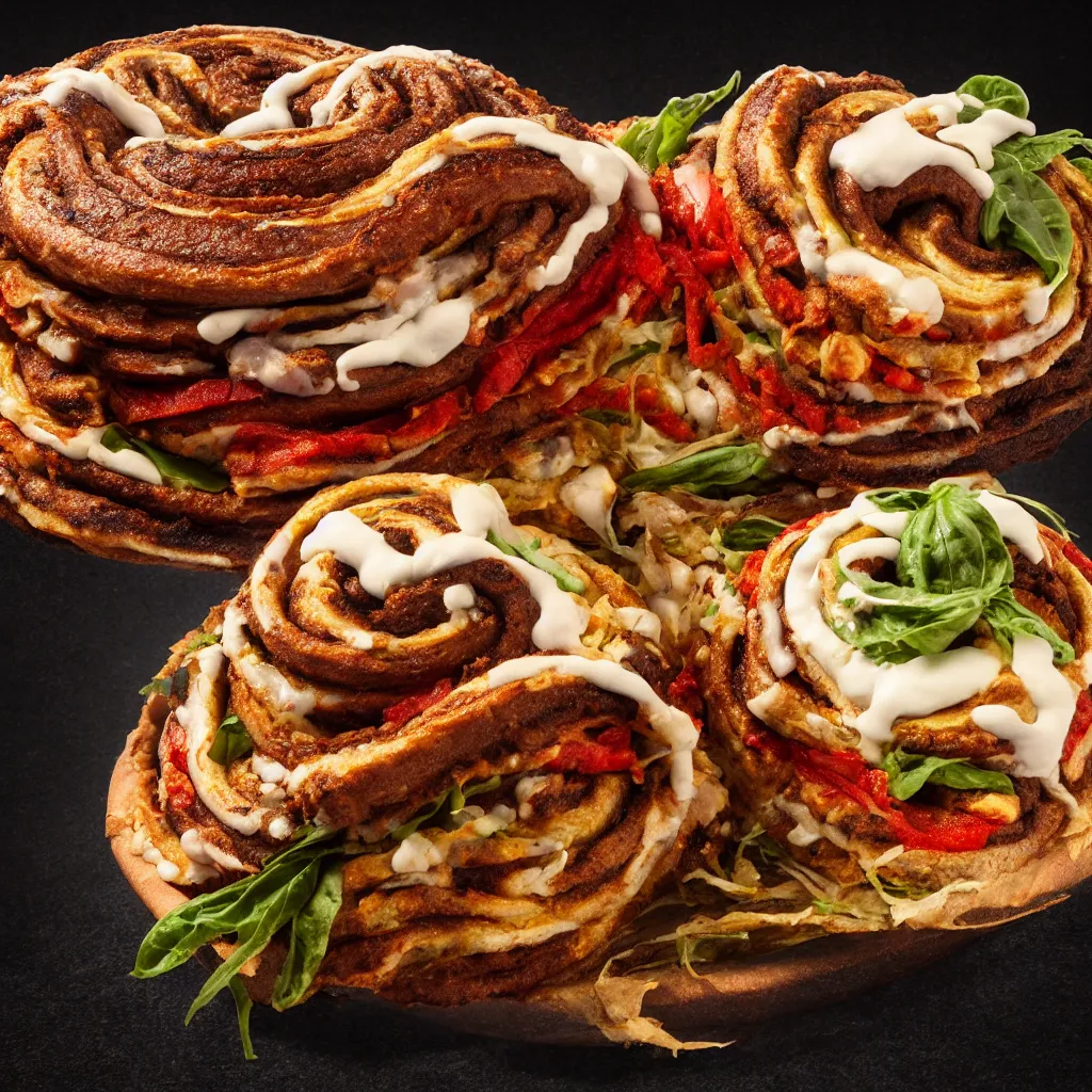 Prompt: a photo of a vegan doner with pizza taste and halapeno mayo, in the shape of a cinnamon roll, in the style of hr giger, octane render, 8 k