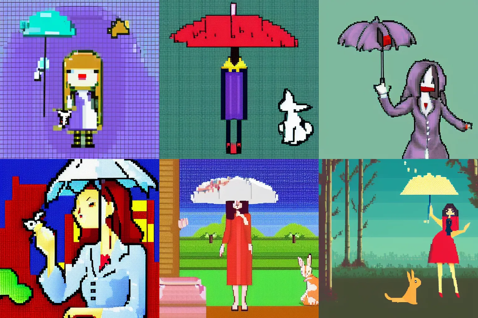 Prompt: A surreal dream scene of a woman holding an umbrella and a rabbit hiding inside it, 32-bit pixel art