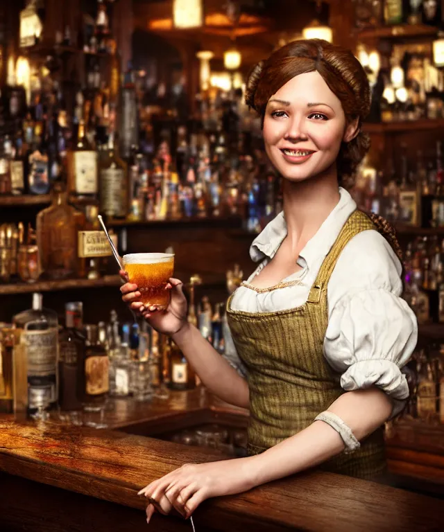 Image similar to hyperrealistic mixed media painting of a beautiful smiling charismatic barmaid, dimly lit cozy tavern, relaxed pose, serving customers at bar, medieval period, stunning 3d render inspired art by Tim Okamura + perfect facial symmetry + dim volumetric lighting, 8k octane beautifully detailed render, post-processing, extremely hyperdetailed, intricate, epic composition, grim yet sparkling atmosphere, cinematic lighting + masterpiece, trending on artstation, very very detailed, masterpiece, stunning