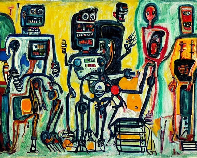 Image similar to a painting of a robot family at a bbq by graham sutherland, egon schiele, basquiat, neo - expressionism