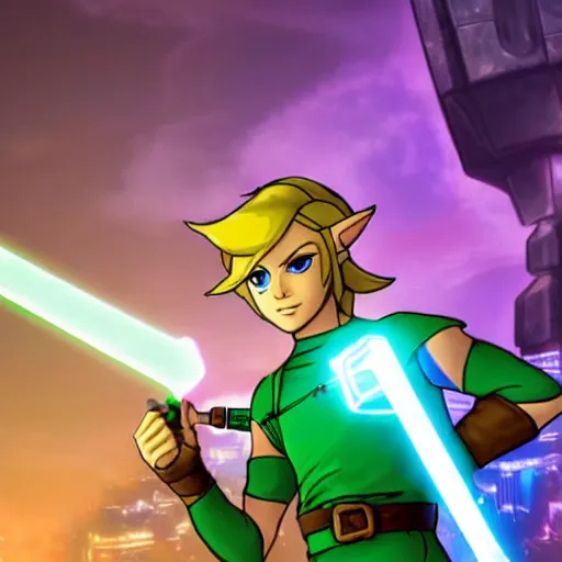 Prompt: Link from Legend of Zelda in a futuristic cybernetic uniform, wielding a neon glowing Master Sword as the Tron style city looms behind him