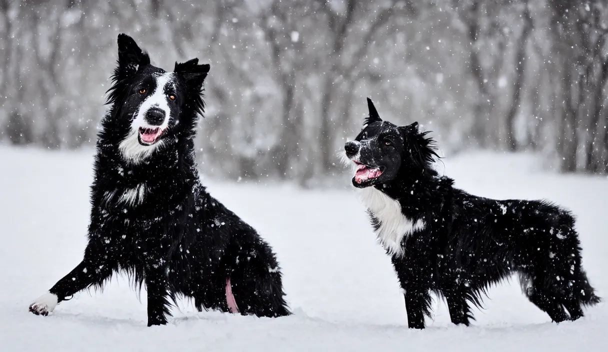 Image similar to A mostly black border collie with a white spot on her forhead playing in the snow, photorealistic