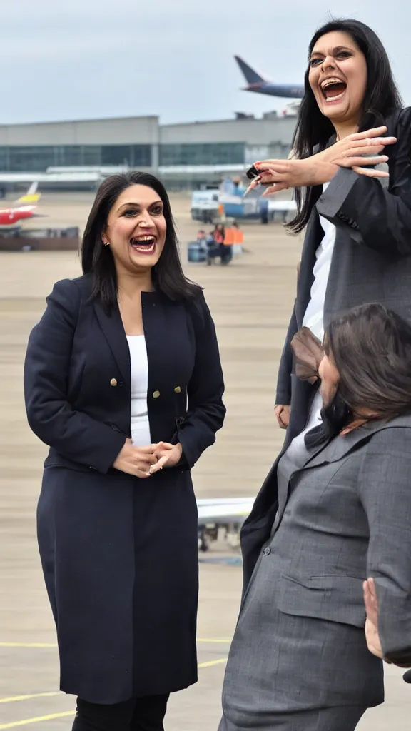 Image similar to priti patel laughing evilly while watching a plane take off at heathrow