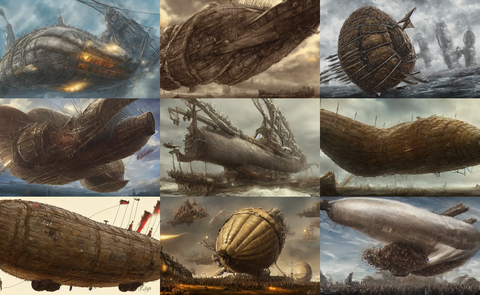 Prompt: close up of a giant airship made out of haggis equipped with cannons and artillery, digital art, trending on artstation, 4 k