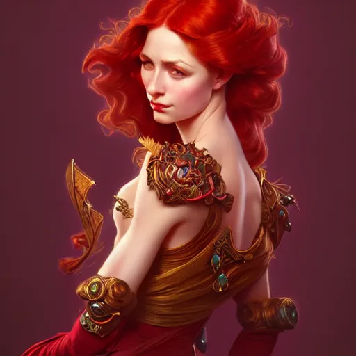 Image similar to aristocrat, female, d & d, fantasy, intricate, elegant, highly detailed, red hair, digital painting, artstation, octane render, concept art, matte, sharp focus, illustration, hearthstone, art by artgerm, alphonse mucha johannes voss