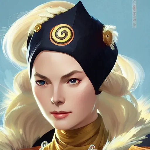 Image similar to Grace Kelly as Tsunade from Naruto, western, D&D, fantasy, intricate, elegant, highly detailed, digital painting, artstation, concept art, matte, sharp focus, illustration, art by Artgerm and Greg Rutkowski and Alphonse Mucha