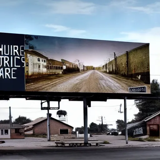 Image similar to a dystopian future image of a street in a rural town on a billboard in that same street in the present day. the picture on the billboard has the exact same viewpoint