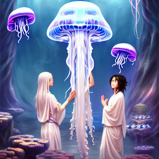 Prompt: A painting of priestesses worshipping at the jellyfish temple, shrouded in mist, jellyfish god, jellyfish priestess, jellyfish shrine maiden, 8K, illustration, art by Artgerm and Justin Cheung and Gabriele Dell'Otto, smoke, undersea temple with fish, cinematic, insanely detailed and intricate, hypermaximalist, elegant, super detailed, award-winning, mauve and cinnabar and cyan, rainbow accents, mysterious, ancient, ritual, trending in cgsociety, artstation HQ, ornate, elite, haunting, matte painting, beautiful detailed, insanely intricate details, dreamy and ethereal, otherworldly